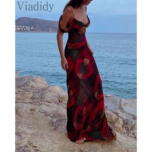Women Off Shoulder Print Spaghetti Strap Sleeveless Chiffon Dress