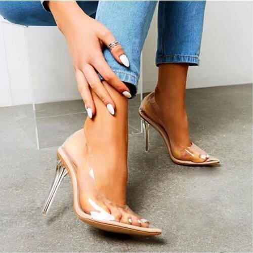 2019 New High-heeled Sandals PVC Transparent Womens High-heeled Shoes Pointy Party Shoes Nightclub Crystal Pumps