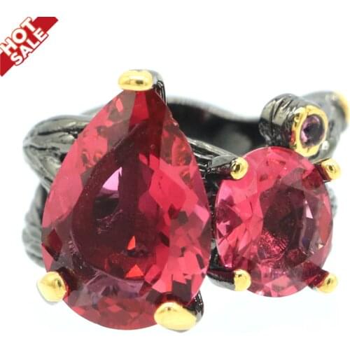22x19mm Unique HipHop Created 14g Pink Tourmaline For Ladies Gothic Cool Black Metal Silver Rings Street Fashion Jewelry