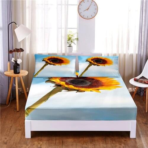 Sunflower Digital Printed 3pc Polyester Fitted Sheet Mattress Cover Four Corners with Elastic Band Bed Sheet Pillowcases