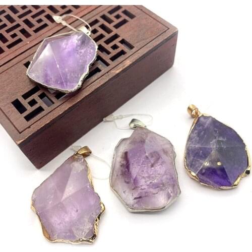 Irregular Natural Stone Amethyst Pendant Faceted Plating Process Ladies Earrings Necklace Jewelry DIY Handmade 32x45mm