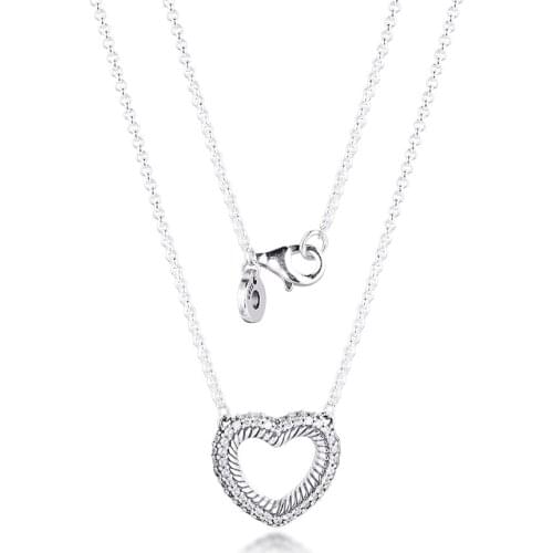 Pave Snake Chain Pattern Open Heart Collier Necklaces 100% 925 Sterling Silver Jewelry Free Shipping