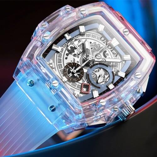 Mens Quartz Watch Hollow Dial Transparent Plastic Case Fashion Luminous Multifunctional 30M Waterproof Watch A66