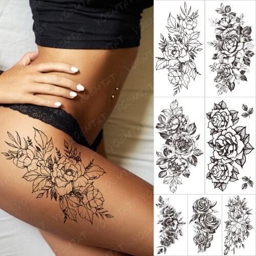 Black Realistic Thigh Waist Chest Waterproof Temporary Tattoo Stickers Flower Jasmine Rose Tatoo Women Body Art Fake Tattoos