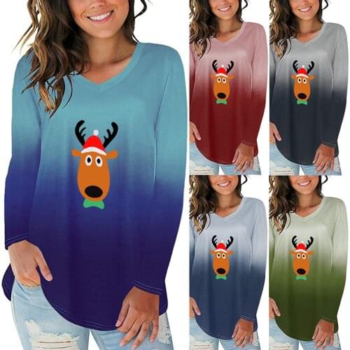 Autumn Womens Pullover Explosive V-neck Gradient Color Elements Christmas Elk Print Long Sleeve Pullover женские свитера 50