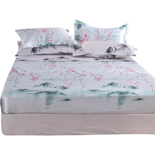 Landscape Bed Sheet with Elastic Band Women Man Satin Silk Mattress Protector Cover Luxury Scenic Fitted Sheet Twin Queen Size