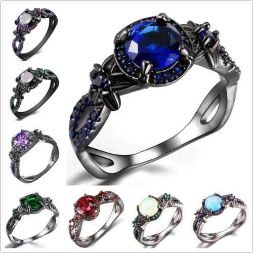 Black Gun Plated Natural Crystal Birthstone Women Rings Geometric Opal Druzy Rings For Party Wedding Gift 11 Colors