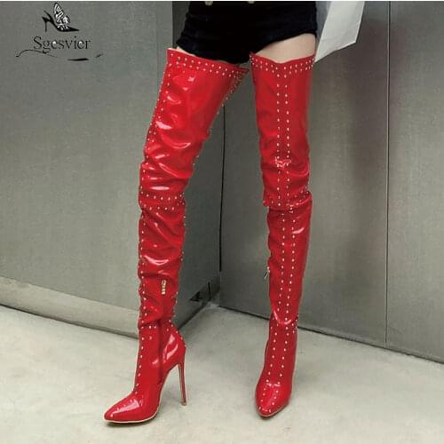 Sgesvier Large Size 30-48 Thigh High Boots Heels Stiletto PU Leather Rivet Over The Knee Boots Party Pole Dance Night Club Shoes
