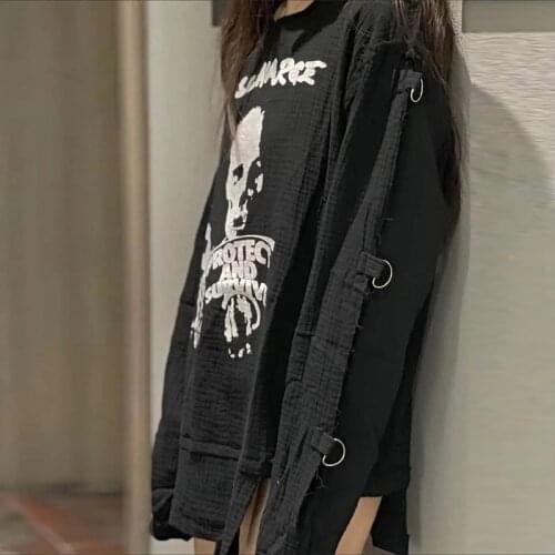 Women Skull Print Long Sleeve Off Shoulder Loose T-shirt Black Gothic Lady Cotton T Shirt Spring Dark Goth Kawaii Irregular Top