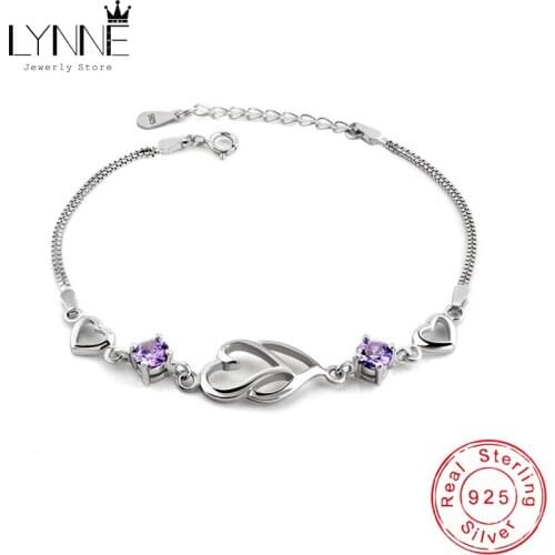 New 925 Sterling Silver Double Love Heart AAA Zircon Bracelets Women Birthday Gift Purple Rhinestone CZ Pendant Bracelet Jewelry