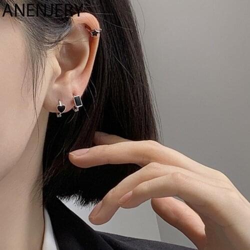 ANENJERY 925 Sterling Silver Rectangle Heart Star Earrings For Women Retro Exquisite Ear Buckle Korean Temperament Jewelry