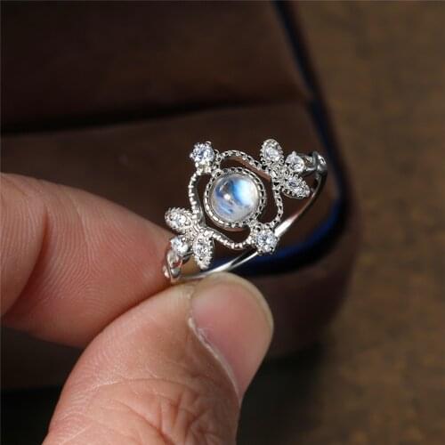 Cute Female Small Round Butterfly Ring 925 Sterling Silver Moonstone Wedding Ring Vintage Natural Moonstone Rings For Women