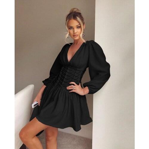 Black White Sexy V Neck Casual Bodycon Mini Elegant Women Party Dress Vestidos 2021 Summer Long Sleeve Pleated Bandage Robe Club