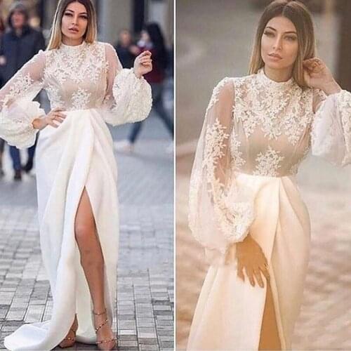 Puff Sleeve Mermaid Wedding Dresses Long High Neck Elegant Bridal Party Dress Lace Appliques Split Formal vestidos de mariage