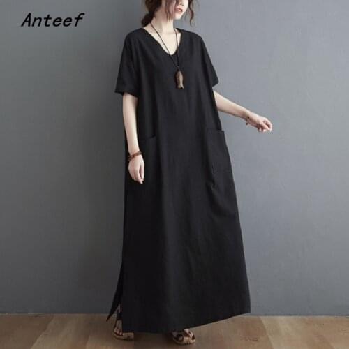 Short sleeve cotton linen vintage dresses for women casual loose long summer dress elegant clothes 2021 sundress