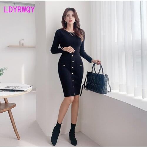 2020 winter long-sleeved knitted dress with metal buttons is thin and sexy bag hip knitted dress knitting Cotton Cotton