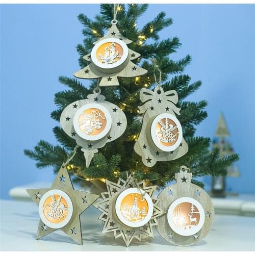 18 Pcs Wooden Led Light Christmas Tree Hanging Pendant Christmas Decorations Light for Kids' Room Xmas Party New Year Ornaments