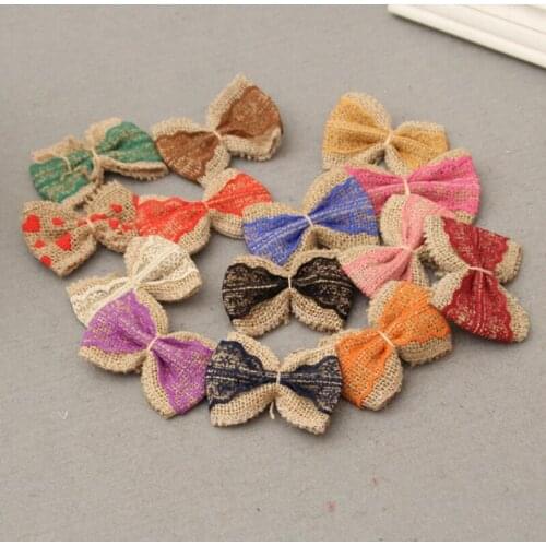 20pcs Natural Jute Burlap Hessian Bowknot Handmade Pearl Bow 14 colorsTrim Lace Vintage Wedding Decoration Hair Bow Hat Craft