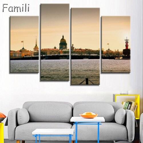 4Pieces Moscow Bridges Russia Night Cities Reflection Scenery Landscape Fabric Silk Poster Print Home Decoration