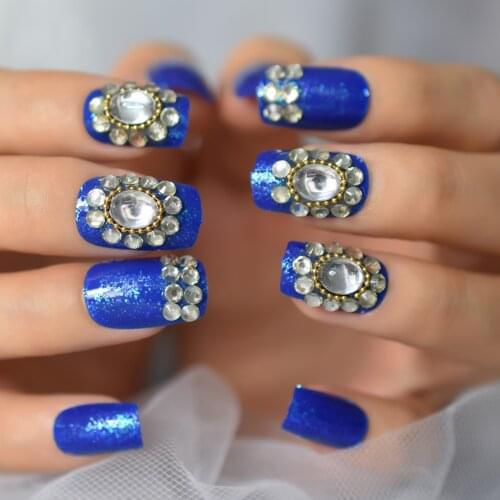 Diamond Blue Press On Nails Short Round Fake Nails With Crystal Flower Designs Shimmer Acrylic Nails Wedding Festival Daily
