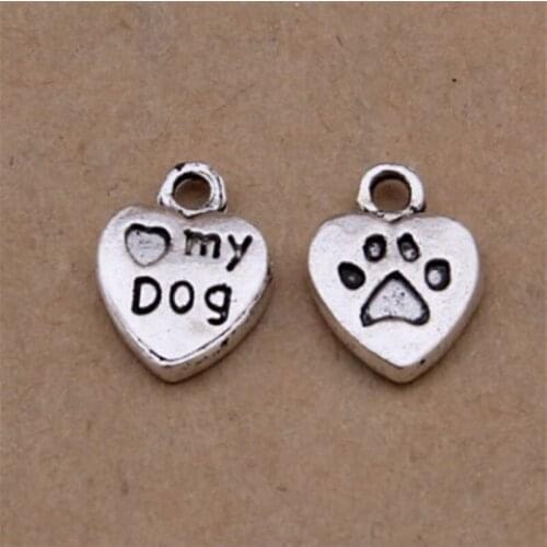 ALY 200Pcs/lot Antique Silver Cute my Dog Letter Charms 13x10mm Heart Dog Paw Metal Charms Lots