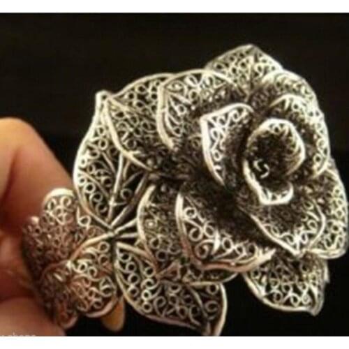 Free shipping beautiful Tibet silver black Rose Flower cuff bracelet