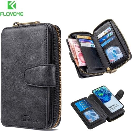FLOVEME Zipper Walllet Case Handbag for Samsung S20 S10 S9 S8 Plus S10E A71 A51 A70 A50 A41 A21 A40 A20 A10 Retro Leather Case