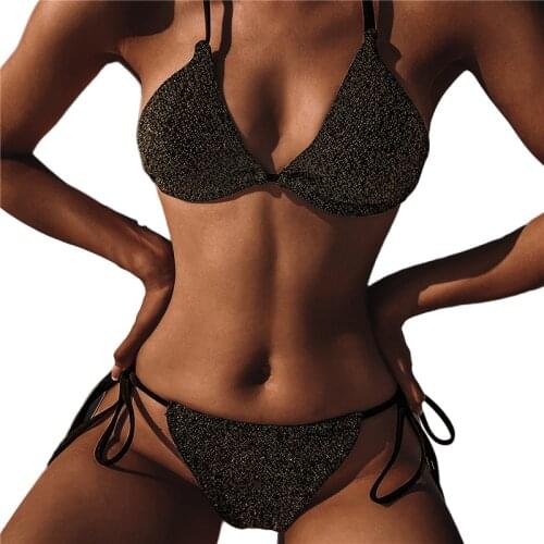 Women’s Shiny Metal Texture 3Pcs Bikini Suit Deep V-neck Lace-up Halter Tops with Side Tie Bottoms and Scarf Playa Mujer