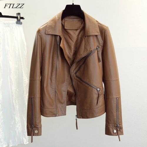 FTLZZ Spring Autumn Vintage Faux Leather Jacket Women Brown Moto Biker Leather Coats Casual Street Wear Zipper PU Basic Outwear