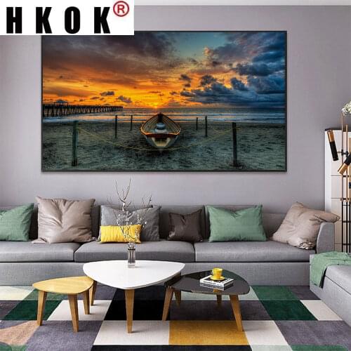 HKOK Nordic Sunset Beach View Canvas Paintings On the Wall Art Posters Prints Landscape Wall Art Picture Modern Home Decoration