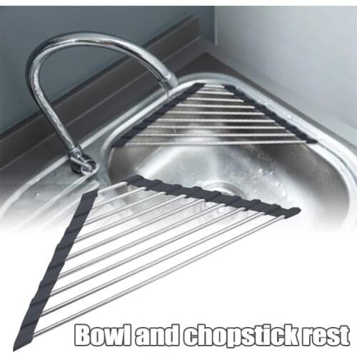 Kitchen Triangle Folding Sink Rack Stainless Steel Roll Up Dish Drying Holder Corner Dish Drainer For Sink Food Sponge Brush