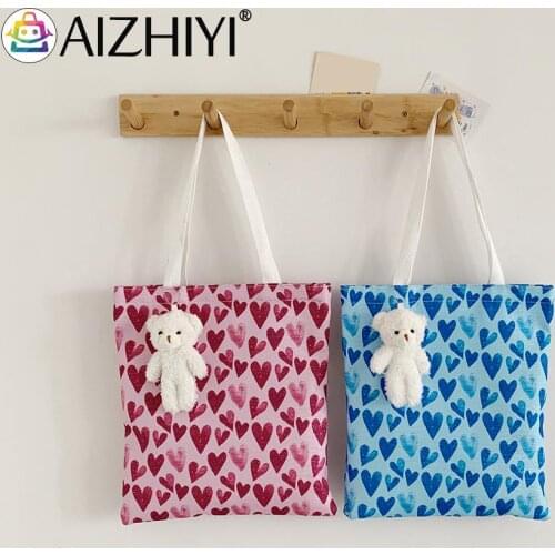 Fashion Women Canvas Love Heart Printing Shoulder Shopping Bag Bear Pendant Casual Ladies Large Capacity Tote Handbags