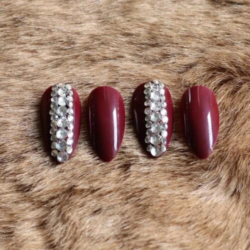 24pcs Fashion full diamond crystal diamond stiletto high candy color handmade fake nails dark red W73