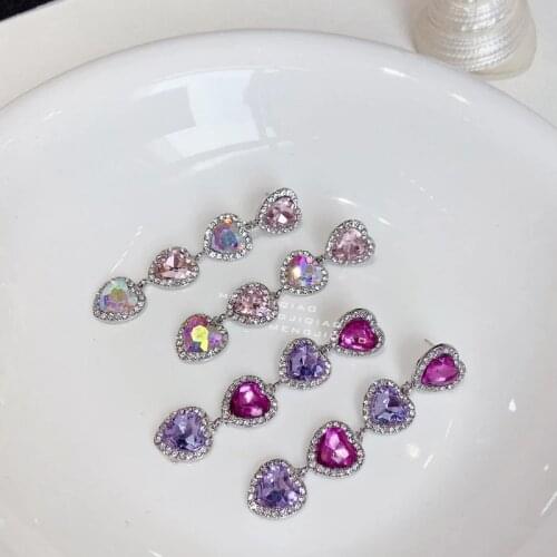 Fashion Purple Pink Crystal Love Heart Drop Earrings Elegant Pendientes Party Jewelry