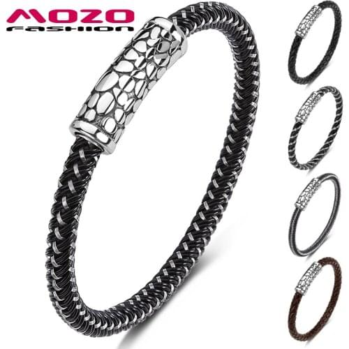 MOZO FASHION 2020 Classic Men Charm Bracelets Black Genuine Leather Rope Braided Bracelet Simple Style Crack Women Jewelry 617