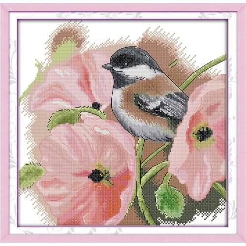 The bird with poppies cross stitch kit pink flower animal 14ct 11ct count printed canvas embroidery DIY handmade needlework plus