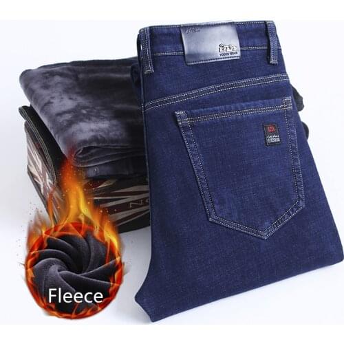 2021 Winter New MenS Regular Fit Fleece Jeans Classic Fashion Loose Straight Keep Warm Pants Male Brand Stretch Denim Trousers