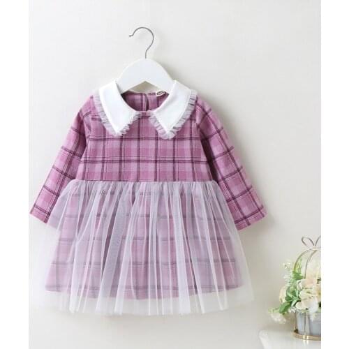 New Kids Dress for Girl Plaid Patchwork Mesh Peter Pan Collar Long Sleeve Baby Girl Dress Sweet Birthday Princess Dresses 0-18M
