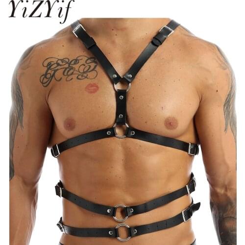 Punk Gothic Harness Men Sexy Straps Adjustable Buckle PU Leather Body Shoulder Chest Belt with Armband Metal O-Ring/Chain Haler