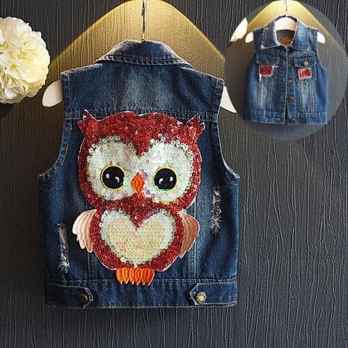 Casual girls denim vest children outwear good quality kids waistcoat owl sequin vest 2-7y toddler girls clothing