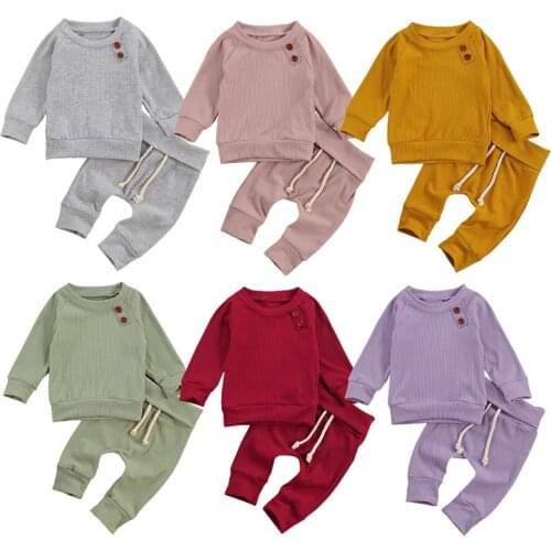 0-24m Newborn Baby Boy Girl Long Sleeve Pullover T-shirt Tops Long Pant 2pcs Solid Color Cotton Clothes Set