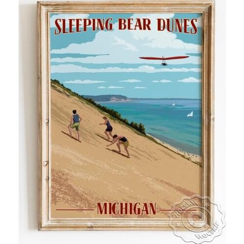 Michigan Travel City Advertising Poster, Sleeping Bear Dunes Landscape Art Prints, Tourist Attractions Scenery Canvas Painting