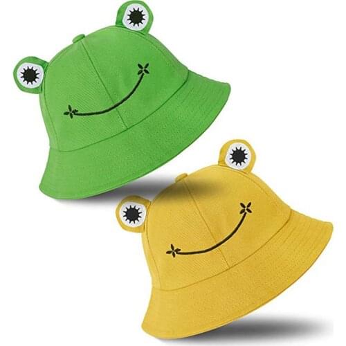 Yellow Green Cartoon Frog Hat Cotton Summer Sun Hats for Women Girls Froggy Hats Outdoor Fisherman Caps Frog Bucket Hat