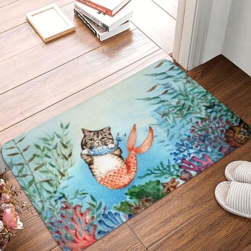 Cute Purrmaid Cat Mermaid Doormat Carpet Mat Rug Polyester PVC Anti-slip Floor Decor Bath Bathroom Kitchen Living Room 40x60