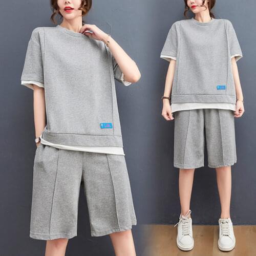 Loose Large Size Casual Suit Female 2021 Summer Hit Color Stitching O Neck T-Shirt Five-Point Shorts Two Piece Tracksuit zh1486