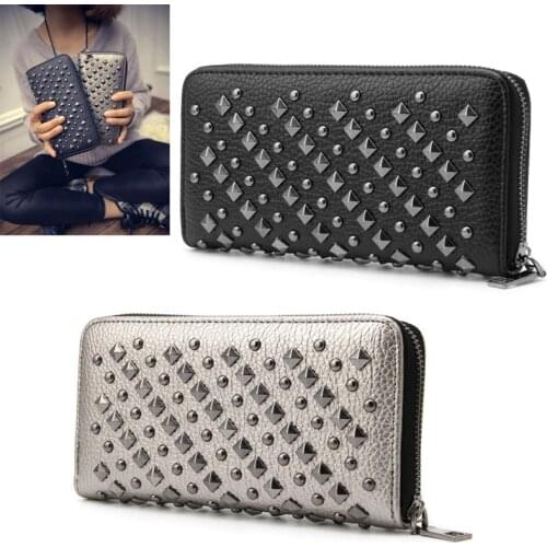THINKTHENDO Women Punk Rivet Leather Bifold Wallet Card Phone Holders Zip Purse Long Handbag