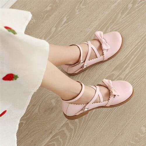 YQBTDL 2020 Summer Princess Style Young Lady Low Heel Lolita Shoes Cute Pink Black Beige Bowtie Cross Strap Mary Jane Pumps Shoe