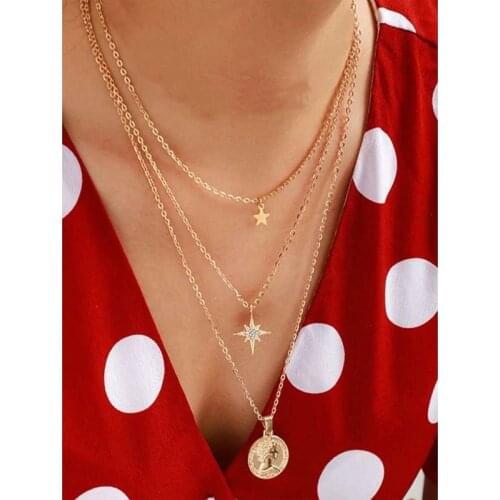 Vintage Female Multilevel Vintage Fashion Necklace For Women Human Head Coin Five-pointed Star Crystal Sun Pendant Chain Jewelry