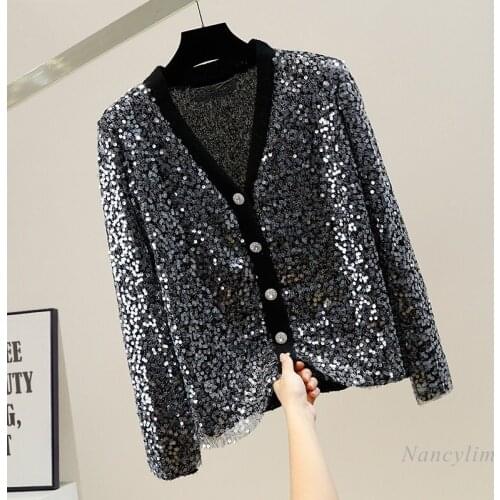 Heavy Embroidery Sequins V-neck Rhinestone Single-Breasted Knitted Sweater Cardigan Womens All-Match Top Fashion Coat