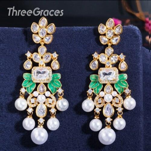 ThreeGraces Luxury Long Dangling Pearl 18k Yellow Gold White CZ Tassel Drop Earrings for Women Wedding Engagement Party E0375